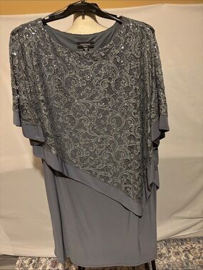 R&M Richards Slate Gray Sequin Lace Asymmetrical Evening Dress